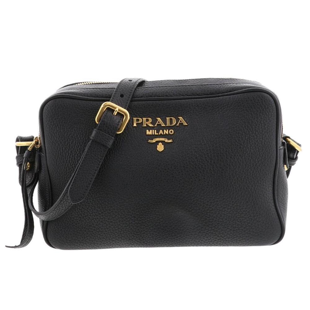 PRADA Leather Shoulder Bag Black Camera Gold Logo Clutch B ROR